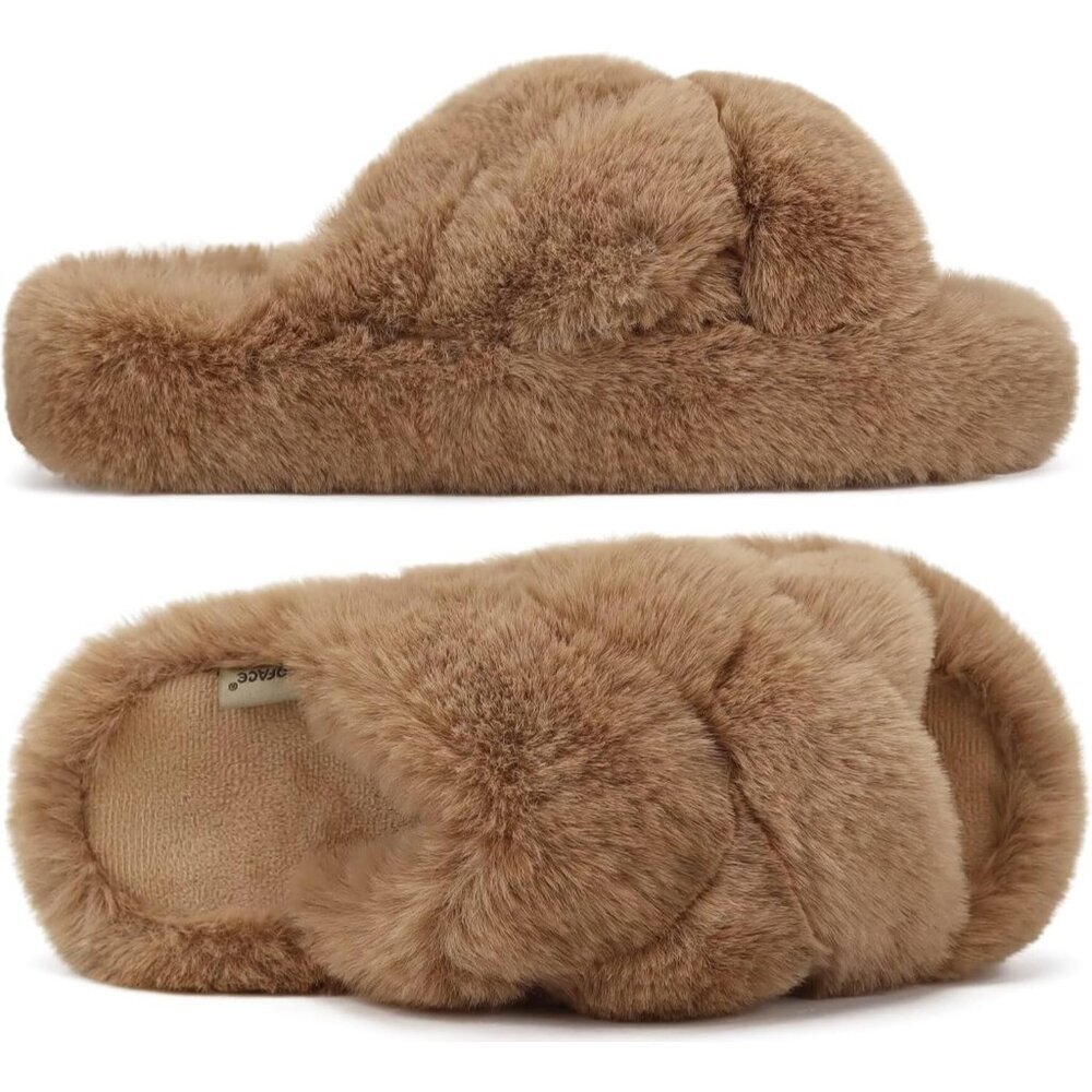 Women's Open Toe Slide Faux Fur Fuzzy Fluff Brown House Slippers Shoes - Picture 7 of 9